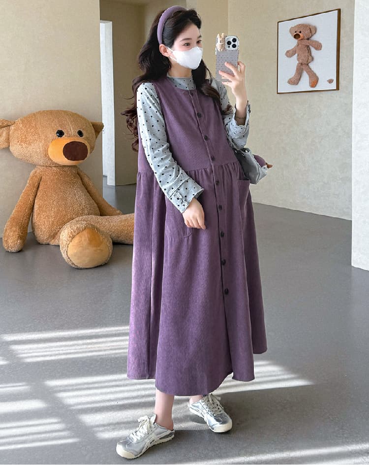 실사 지금 임산부 봄 드레스 루즈핏 코듀로이 싱글 줄 버튼 조끼 스커트 하트 레이스 반하이넥 기본 셔츠 상세 이미지 20