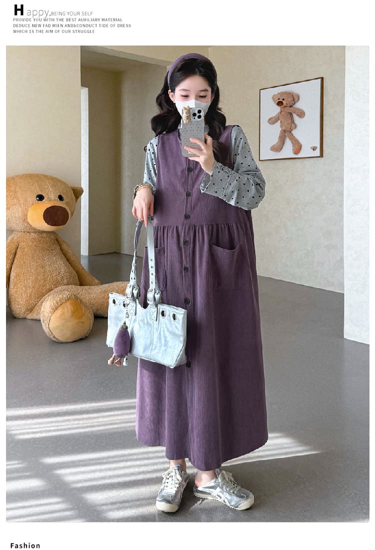 실사 지금 임산부 봄 드레스 루즈핏 코듀로이 싱글 줄 버튼 조끼 스커트 하트 레이스 반하이넥 기본 셔츠 상세 이미지 21