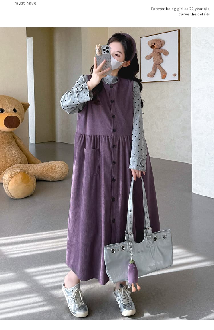 실사 지금 임산부 봄 드레스 루즈핏 코듀로이 싱글 줄 버튼 조끼 스커트 하트 레이스 반하이넥 기본 셔츠 상세 이미지 22