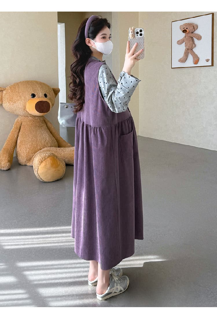 실사 지금 임산부 봄 드레스 루즈핏 코듀로이 싱글 줄 버튼 조끼 스커트 하트 레이스 반하이넥 기본 셔츠 상세 이미지 23