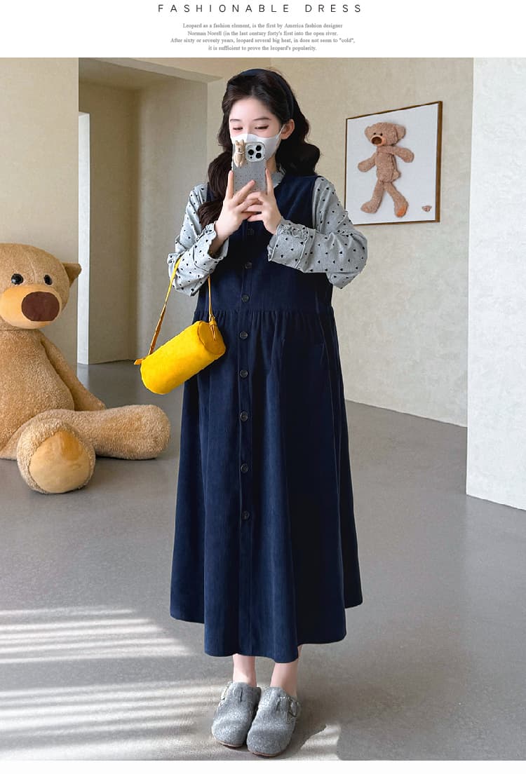 실사 지금 임산부 봄 드레스 루즈핏 코듀로이 싱글 줄 버튼 조끼 스커트 하트 레이스 반하이넥 기본 셔츠 상세 이미지 28