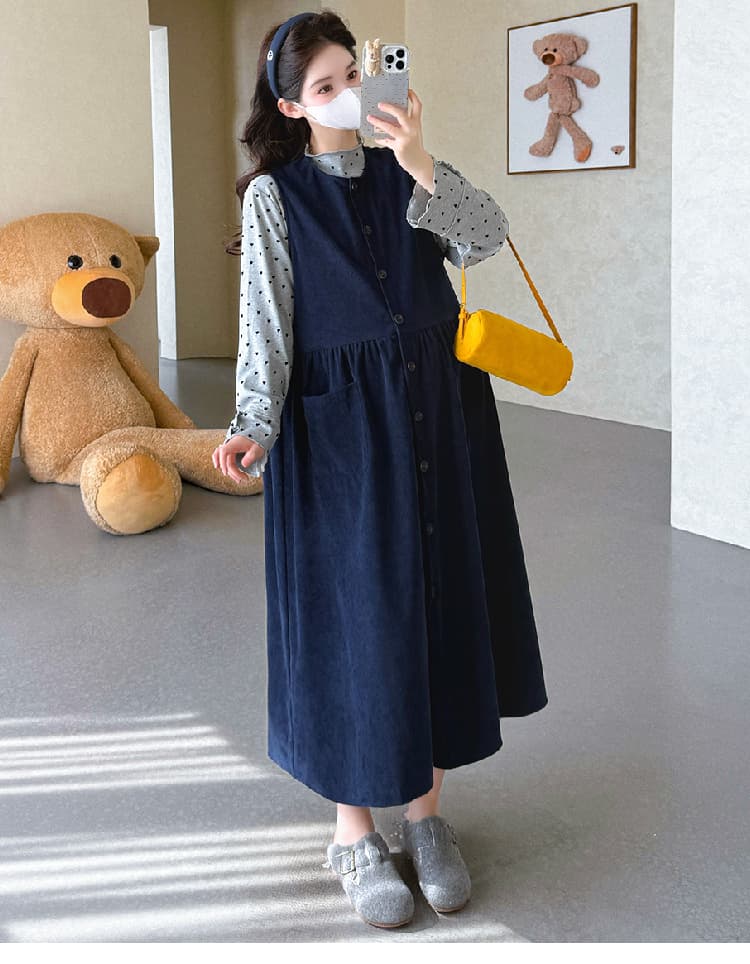 실사 지금 임산부 봄 드레스 루즈핏 코듀로이 싱글 줄 버튼 조끼 스커트 하트 레이스 반하이넥 기본 셔츠 상세 이미지 33