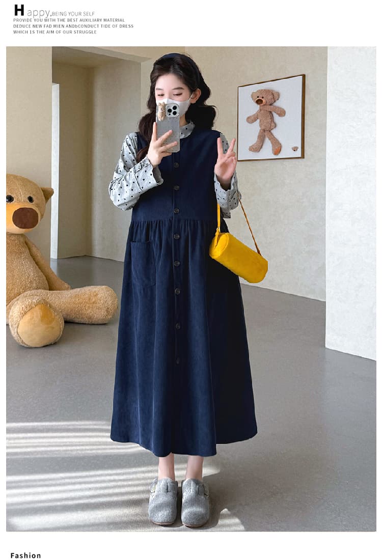 실사 지금 임산부 봄 드레스 루즈핏 코듀로이 싱글 줄 버튼 조끼 스커트 하트 레이스 반하이넥 기본 셔츠 상세 이미지 34