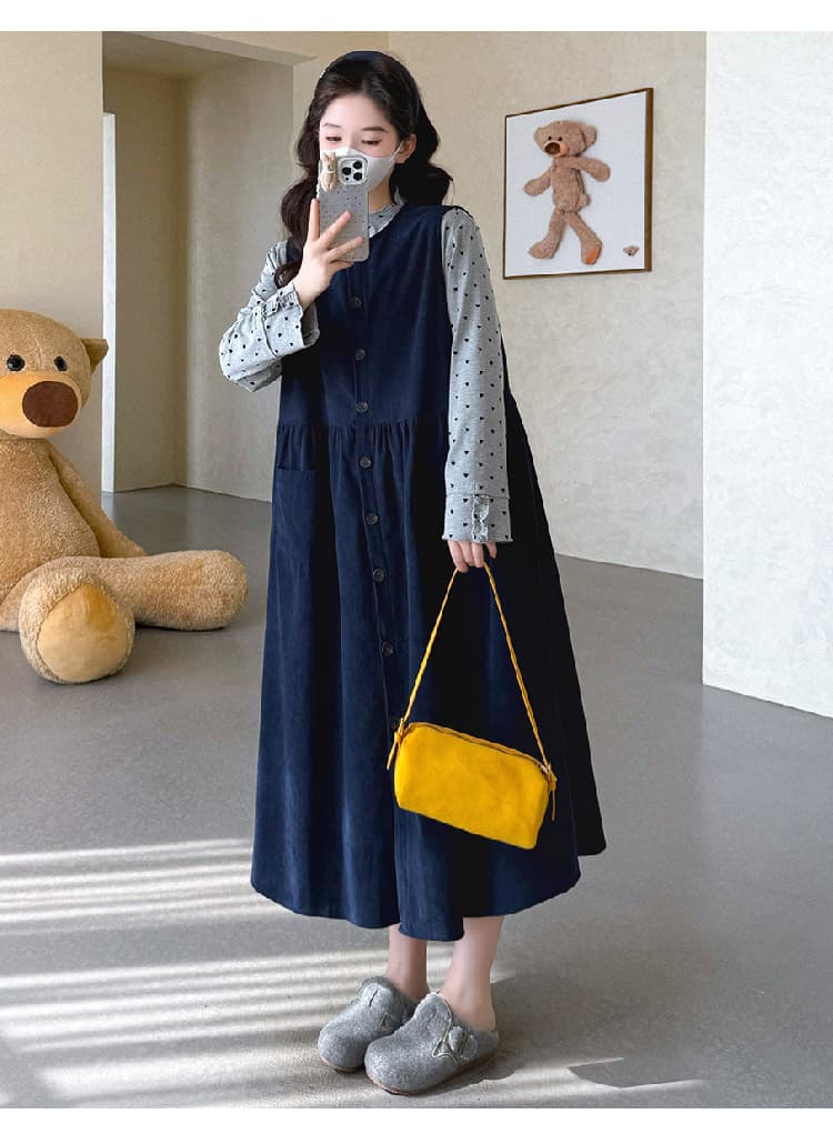 실사 지금 임산부 봄 드레스 루즈핏 코듀로이 싱글 줄 버튼 조끼 스커트 하트 레이스 반하이넥 기본 셔츠 상세 이미지 35