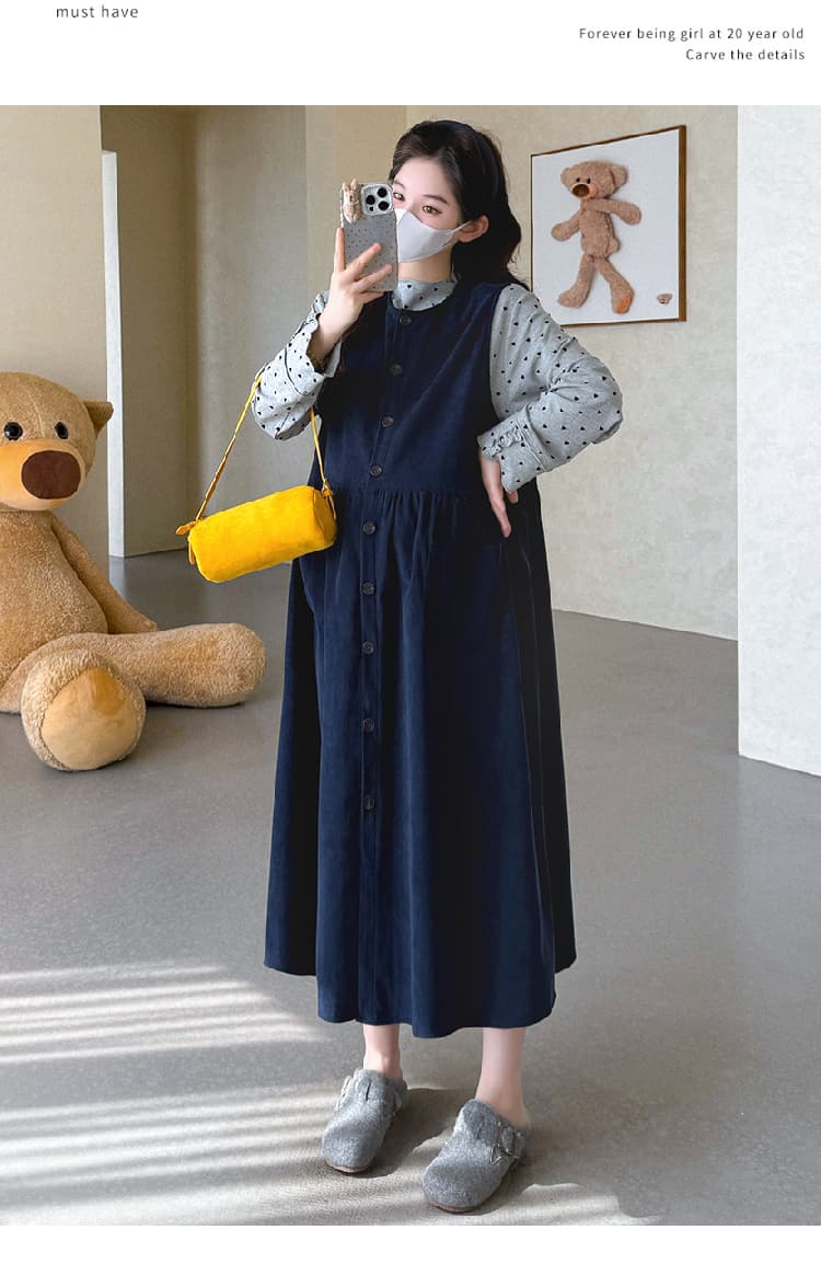 실사 지금 임산부 봄 드레스 루즈핏 코듀로이 싱글 줄 버튼 조끼 스커트 하트 레이스 반하이넥 기본 셔츠 상세 이미지 36