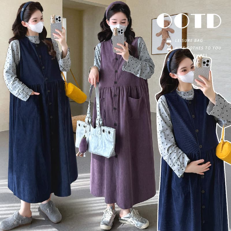 실사 지금 임산부 봄 루즈핏 코듀로이 싱글 줄 버튼 조끼 스커트 하트 레이스 반하이넥 기본 셔츠 이미지 2