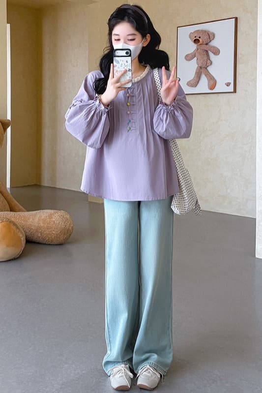 실사 지금 임산부 가을 의상 새로운 레이스 조각 긴팔 셔츠 색상 버클 루즈핏 빅 사이즈 맨위 셔츠 이미지 7