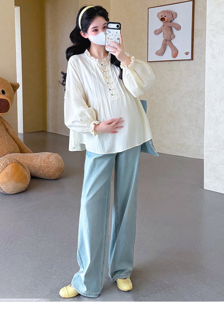 실사 지금 임산부 가을 의상 새로운 레이스 조각 긴팔 셔츠 색상 버클 루즈핏 빅 사이즈 맨위 셔츠 상세 이미지 17