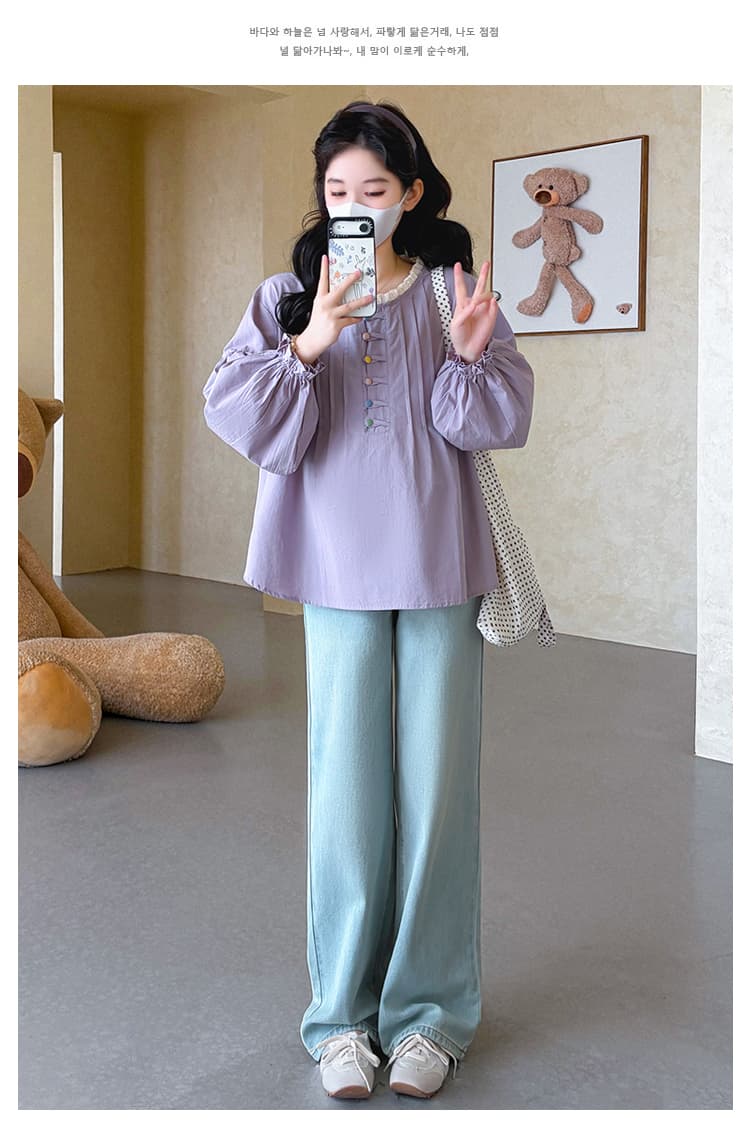 실사 지금 임산부 가을 의상 새로운 레이스 조각 긴팔 셔츠 색상 버클 루즈핏 빅 사이즈 맨위 셔츠 상세 이미지 24