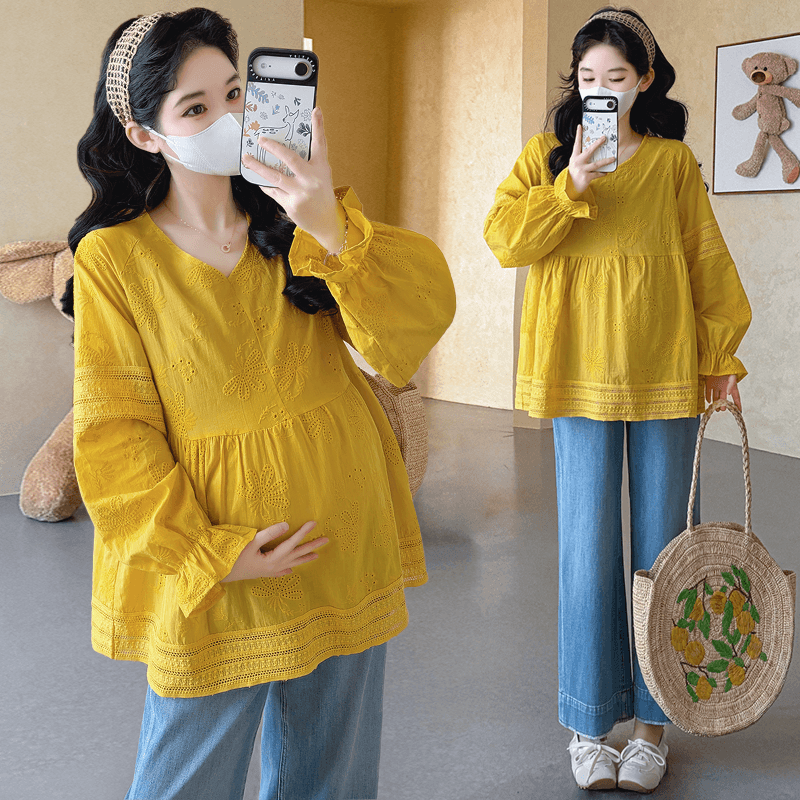 실사 지금 임산부 가을 새로운 심황 색상 자수 꽃 V넥 인형 레이스 루즈핏 셔츠 맨위 이미지 3