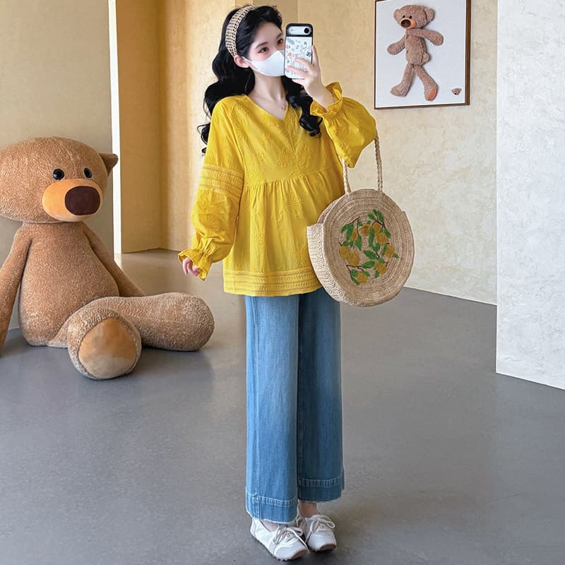 실사 지금 임산부 가을 새로운 심황 색상 자수 꽃 V넥 인형 레이스 루즈핏 셔츠 맨위 이미지 4