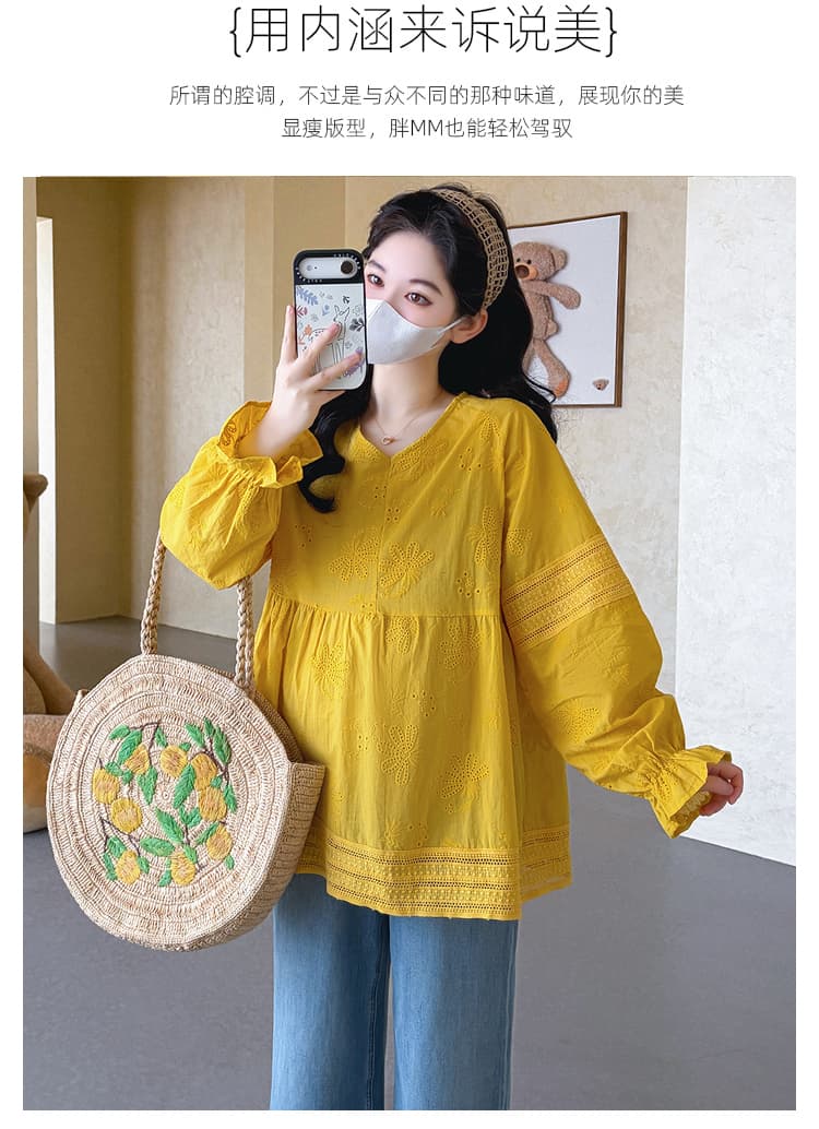 실사 지금 임산부 가을 새로운 심황 색상 자수 꽃 V넥 인형 레이스 루즈핏 셔츠 맨위 상세 이미지 2