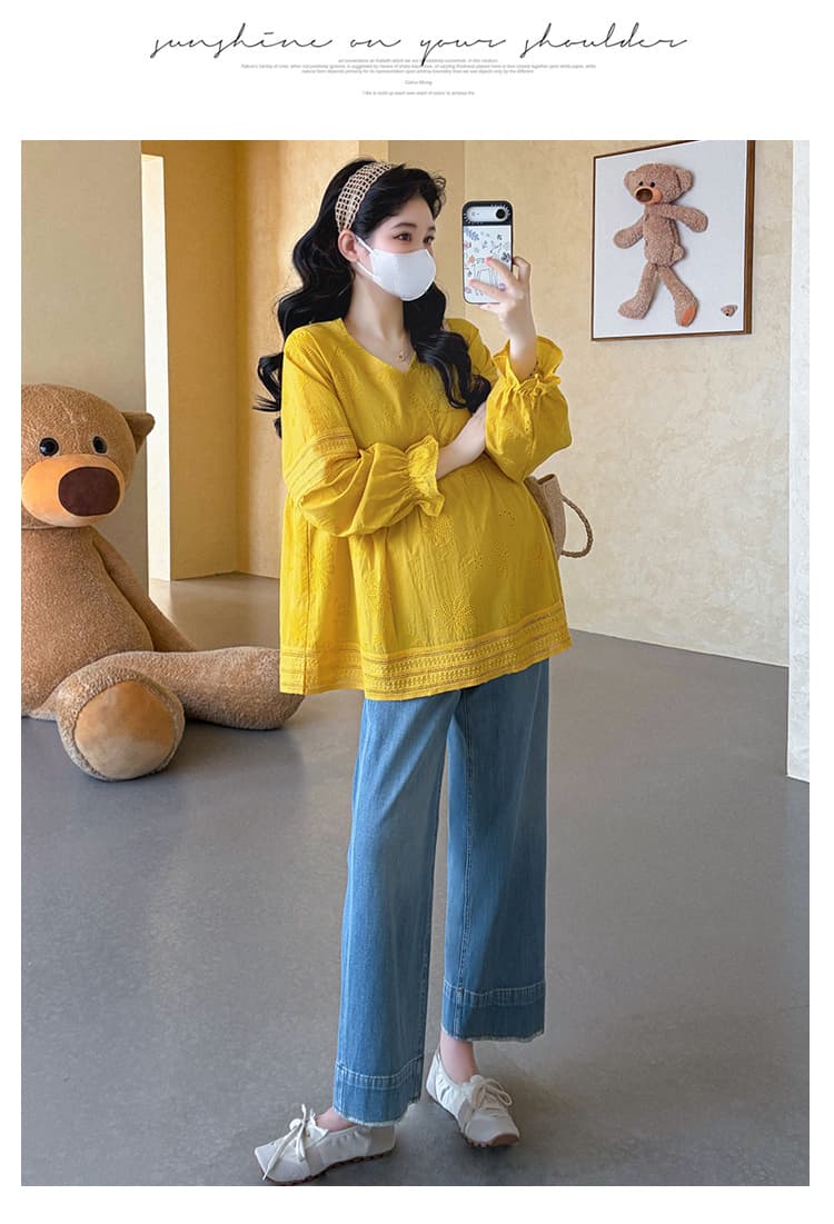 실사 지금 임산부 가을 새로운 심황 색상 자수 꽃 V넥 인형 레이스 루즈핏 셔츠 맨위 상세 이미지 16