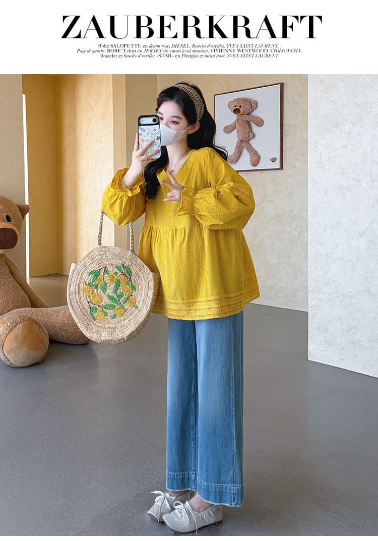 실사 지금 임산부 가을 새로운 심황 색상 자수 꽃 V넥 인형 레이스 루즈핏 셔츠 맨위 상세 이미지 20