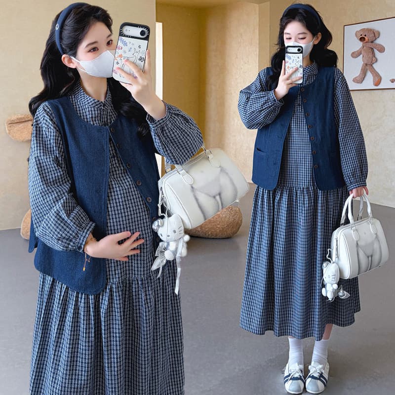 실사 지금 2026 봄 새로운 체크무늬 임산부 드레스 차 휴식 프랑스식 롱 스커트 데님 베스트 세트 이미지 3