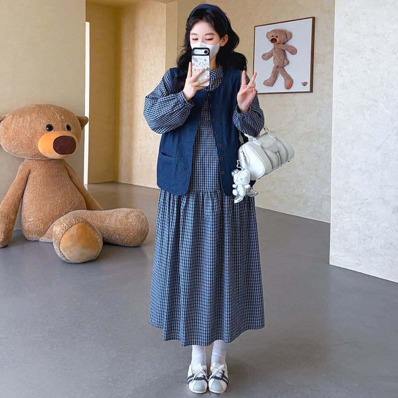 실사 지금 2026 봄 새로운 체크무늬 임산부 드레스 차 휴식 프랑스식 롱 스커트 데님 베스트 세트 이미지 4