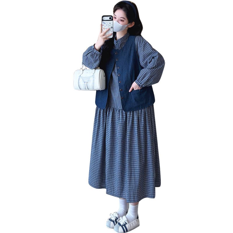 실사 지금 2026 봄 새로운 체크무늬 임산부 드레스 차 휴식 프랑스식 롱 스커트 데님 베스트 세트 이미지 6