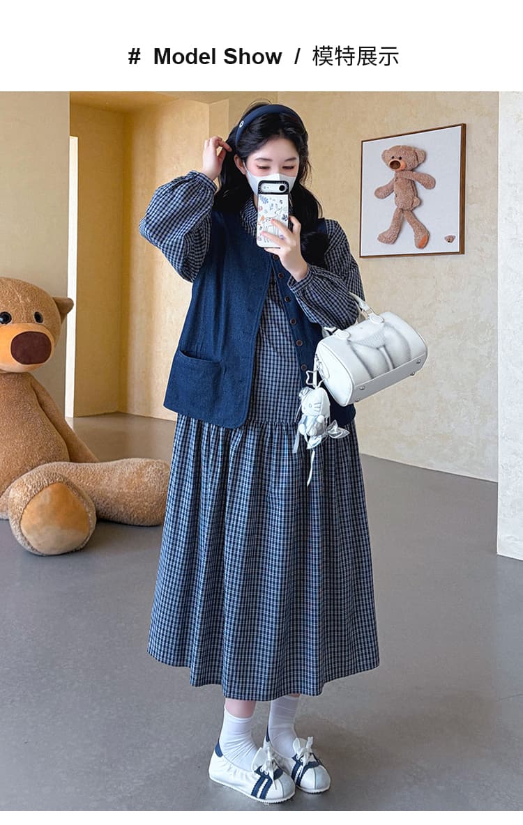 실사 지금 2026 봄 새로운 체크무늬 임산부 드레스 차 휴식 프랑스식 롱 스커트 데님 베스트 세트 상세 이미지 9