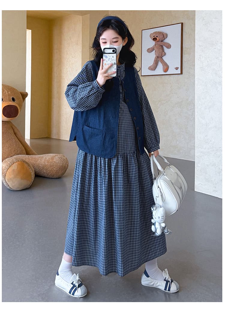 실사 지금 2026 봄 새로운 체크무늬 임산부 드레스 차 휴식 프랑스식 롱 스커트 데님 베스트 세트 상세 이미지 14