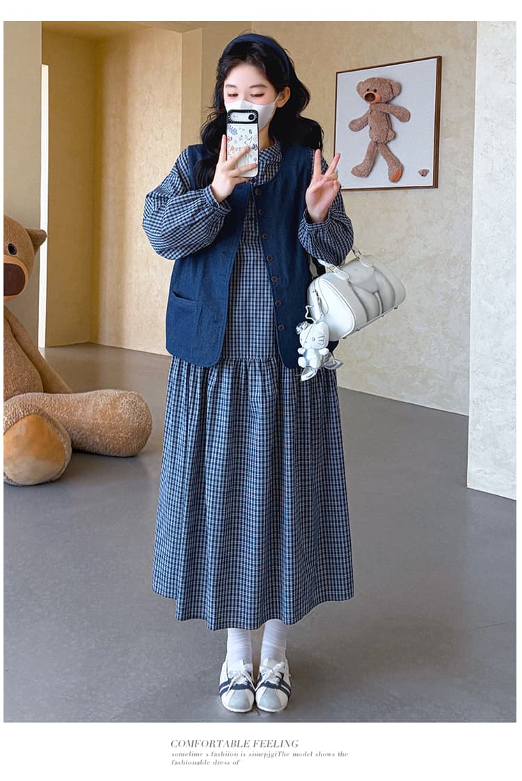 실사 지금 2026 봄 새로운 체크무늬 임산부 드레스 차 휴식 프랑스식 롱 스커트 데님 베스트 세트 상세 이미지 15