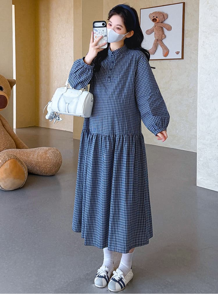 실사 지금 2026 봄 새로운 체크무늬 임산부 드레스 차 휴식 프랑스식 롱 스커트 데님 베스트 세트 상세 이미지 16
