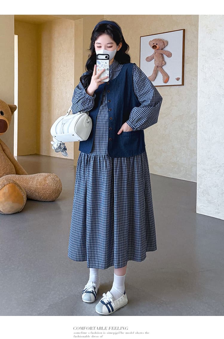 실사 지금 2026 봄 새로운 체크무늬 임산부 드레스 차 휴식 프랑스식 롱 스커트 데님 베스트 세트 상세 이미지 21