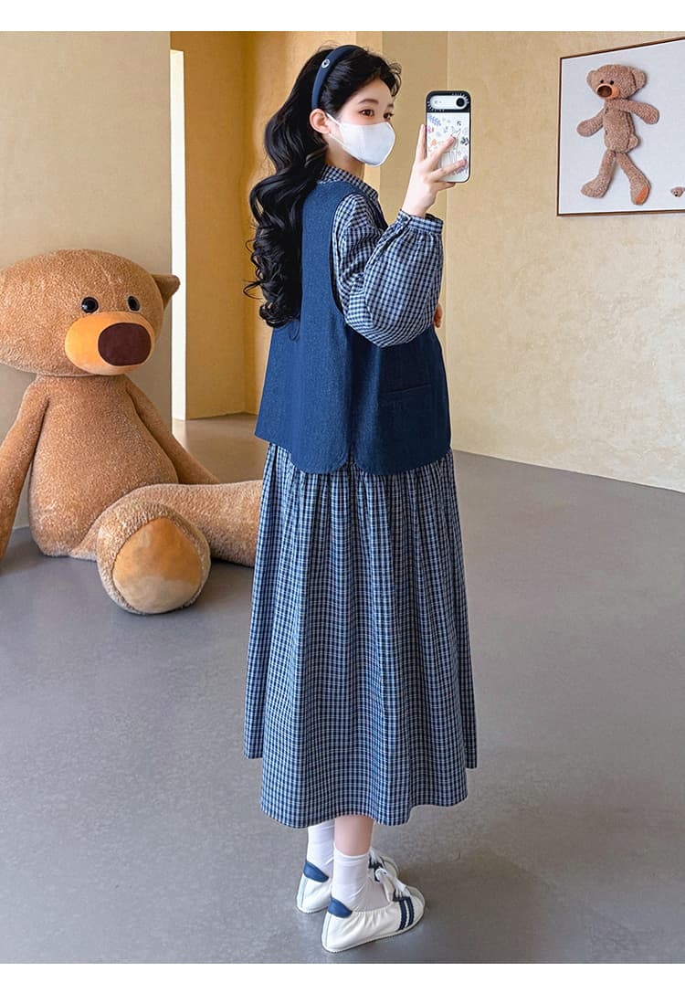 실사 지금 2026 봄 새로운 체크무늬 임산부 드레스 차 휴식 프랑스식 롱 스커트 데님 베스트 세트 상세 이미지 24
