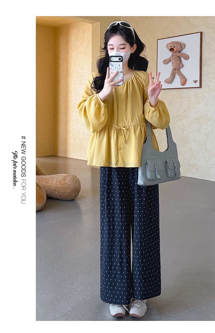 실사 지금 임산부 가을 라운드 넥 벌룬 소매 허리 펌프 로프 셔츠 도트 무늬 와이드 레그 팬츠 투피스 세트 세트 상세 이미지 13