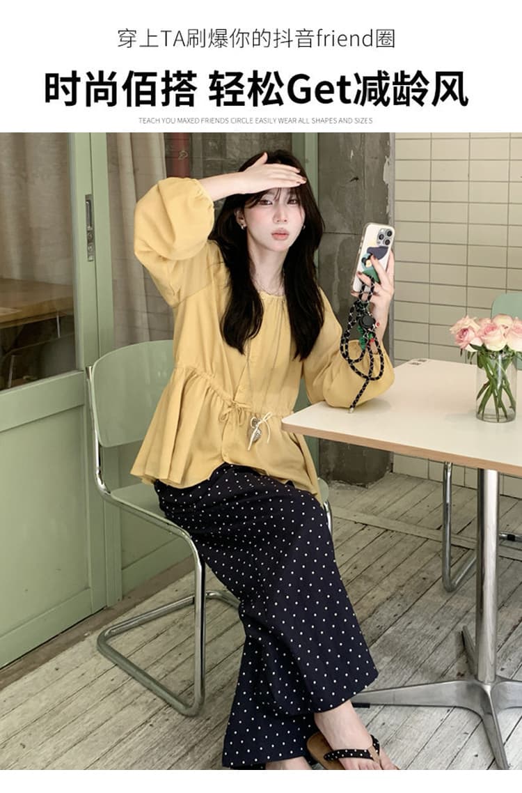 실사 지금 임산부 가을 라운드 넥 벌룬 소매 허리 펌프 로프 셔츠 도트 무늬 와이드 레그 팬츠 투피스 세트 세트 상세 이미지 6
