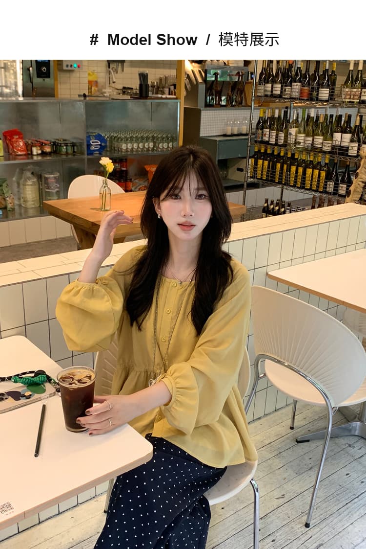 실사 지금 임산부 가을 라운드 넥 벌룬 소매 허리 펌프 로프 셔츠 도트 무늬 와이드 레그 팬츠 투피스 세트 세트 상세 이미지 9