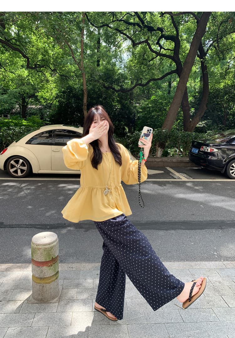 실사 지금 임산부 가을 라운드 넥 벌룬 소매 허리 펌프 로프 셔츠 도트 무늬 와이드 레그 팬츠 투피스 세트 세트 상세 이미지 20