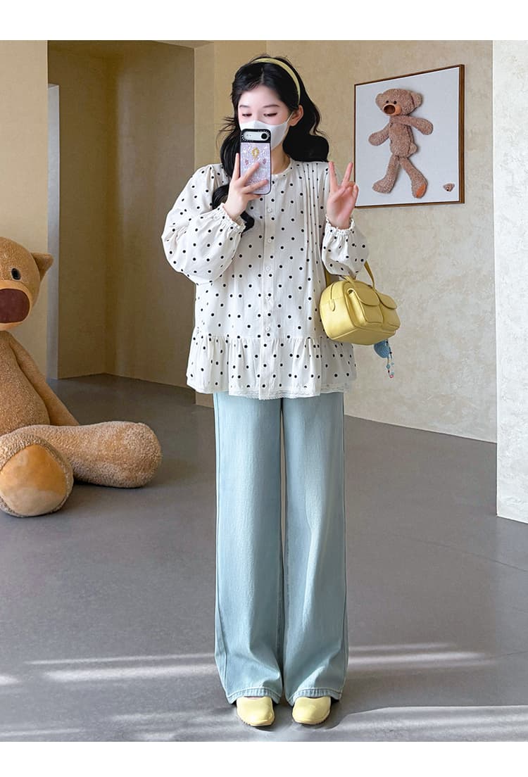실사 지금 2026 임산부 가을 새로운 임산부 인형 셔츠 도트 무늬 프린트 패치워크 레이스 루즈핏 맨위 상세 이미지 15