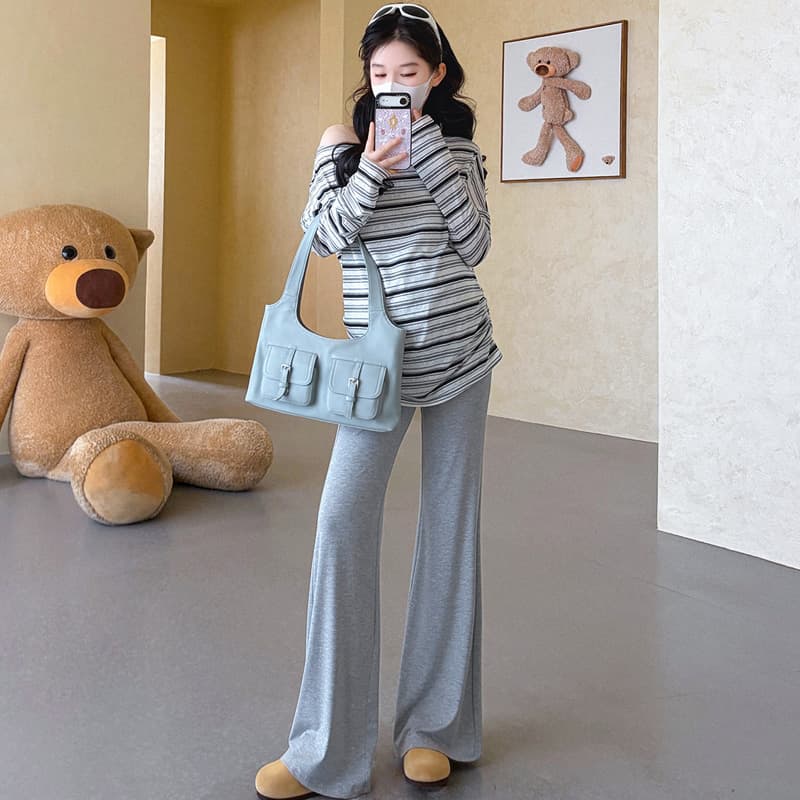 실사 지금 임산부 가을 한 부서 스트라이프 오프숄더 비스듬한 어깨 자외선 차단 긴팔 티셔츠 루즈핏 맨위 부츠컷 바지 세트 이미지 4