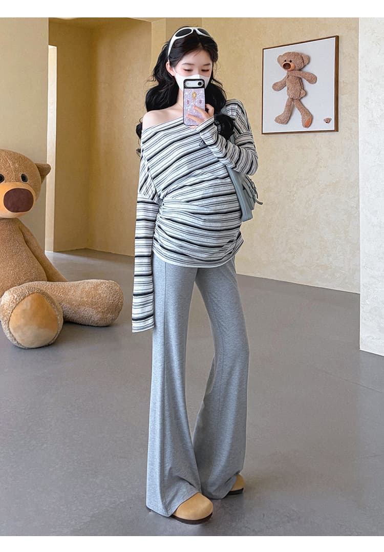 실사 지금 임산부 가을 한 부서 스트라이프 오프숄더 비스듬한 어깨 자외선 차단 긴팔 티셔츠 루즈핏 맨위 부츠컷 바지 세트 상세 이미지 15