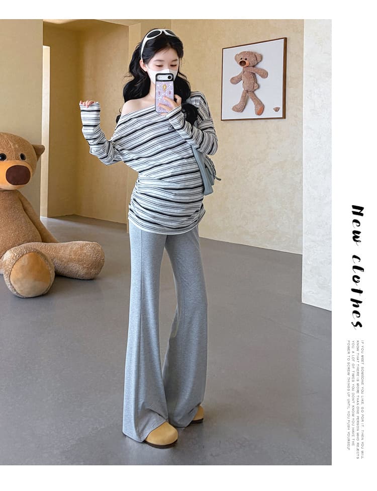 실사 지금 임산부 가을 한 부서 스트라이프 오프숄더 비스듬한 어깨 자외선 차단 긴팔 티셔츠 루즈핏 맨위 부츠컷 바지 세트 상세 이미지 17