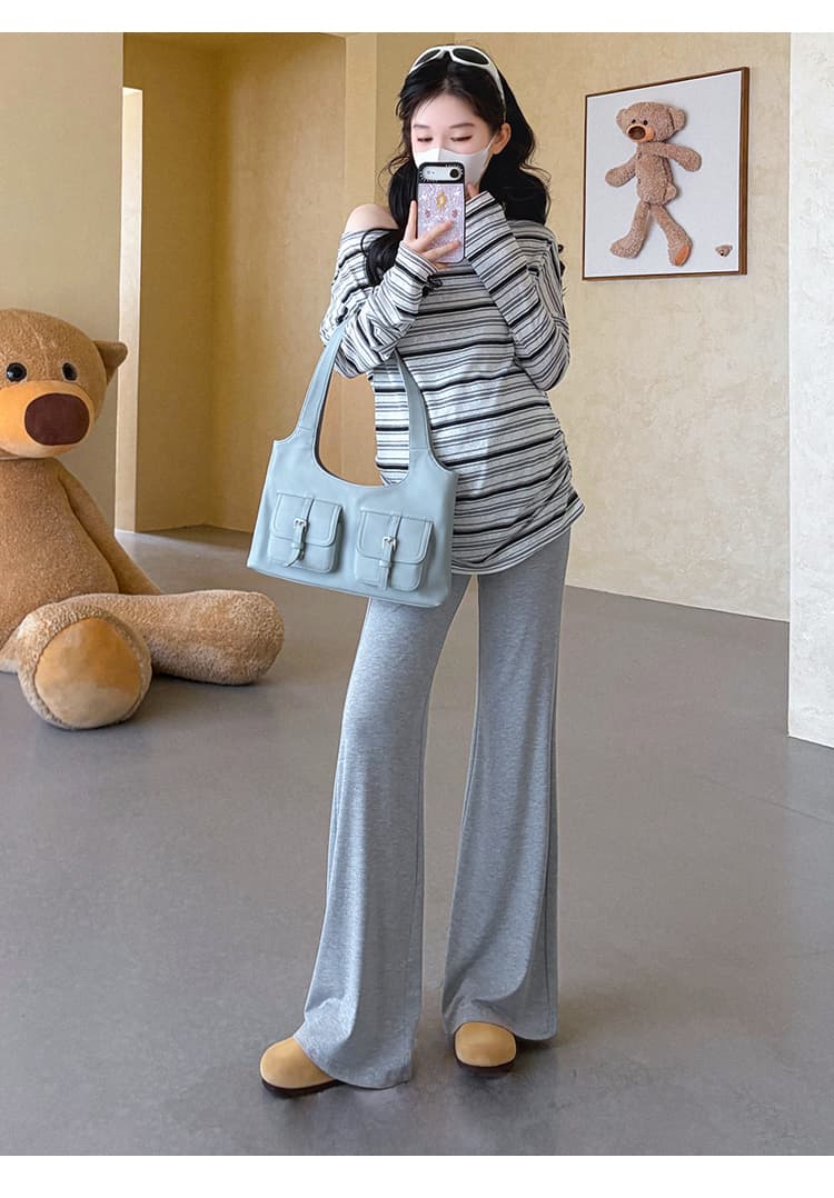 실사 지금 임산부 가을 한 부서 스트라이프 오프숄더 비스듬한 어깨 자외선 차단 긴팔 티셔츠 루즈핏 맨위 부츠컷 바지 세트 상세 이미지 19