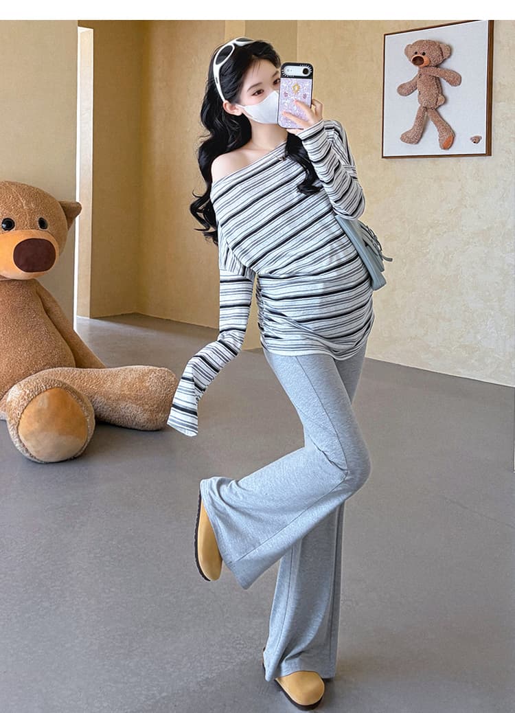 실사 지금 임산부 가을 한 부서 스트라이프 오프숄더 비스듬한 어깨 자외선 차단 긴팔 티셔츠 루즈핏 맨위 부츠컷 바지 세트 상세 이미지 25