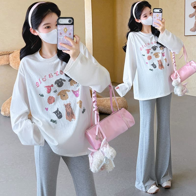 실사 지금 임산부 가을 새로운 루즈핏 대 에디션 프린트 티셔츠 얇은 스타일 태양 보호 셔츠 임산부 부츠컷 바지 세트 이미지 3