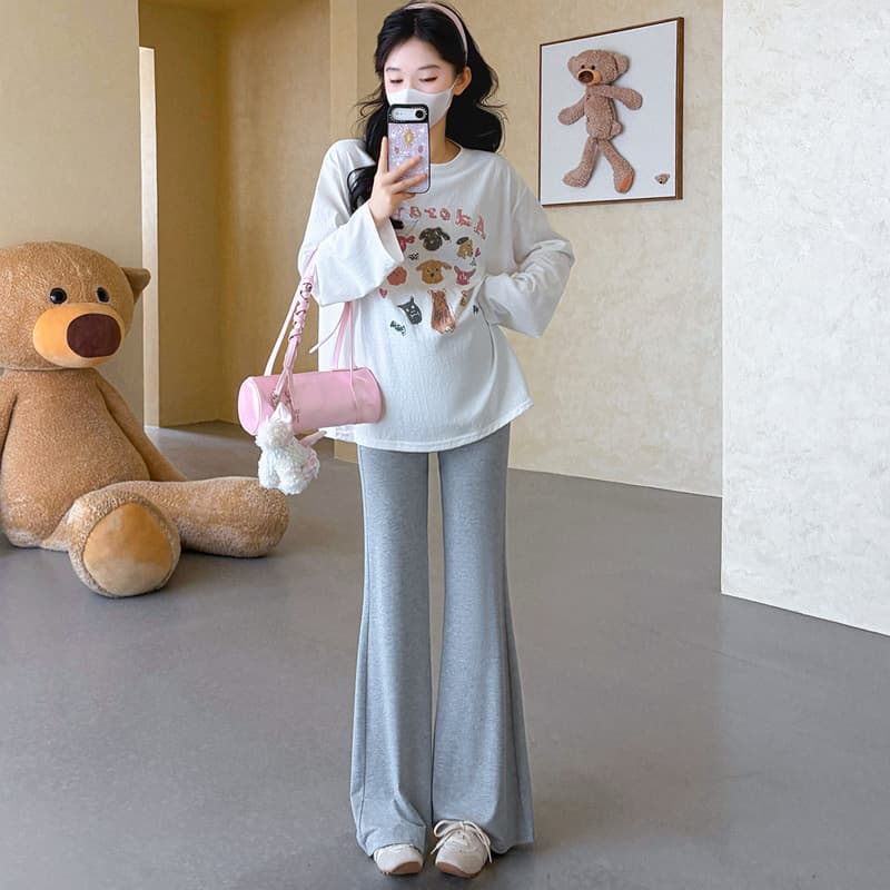 실사 지금 임산부 가을 새로운 루즈핏 대 에디션 프린트 티셔츠 얇은 스타일 태양 보호 셔츠 임산부 부츠컷 바지 세트 이미지 4