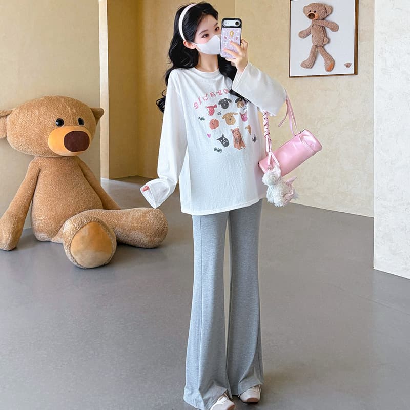 실사 지금 임산부 가을 새로운 루즈핏 대 에디션 프린트 티셔츠 얇은 스타일 태양 보호 셔츠 임산부 부츠컷 바지 세트 이미지 5