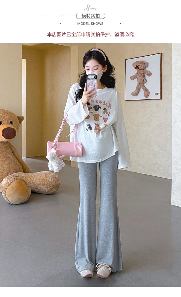 실사 지금 임산부 가을 새로운 루즈핏 대 에디션 프린트 티셔츠 얇은 스타일 태양 보호 셔츠 임산부 부츠컷 바지 세트 상세 이미지 11