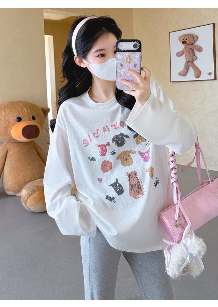 실사 지금 임산부 가을 새로운 루즈핏 대 에디션 프린트 티셔츠 얇은 스타일 태양 보호 셔츠 임산부 부츠컷 바지 세트 상세 이미지 14