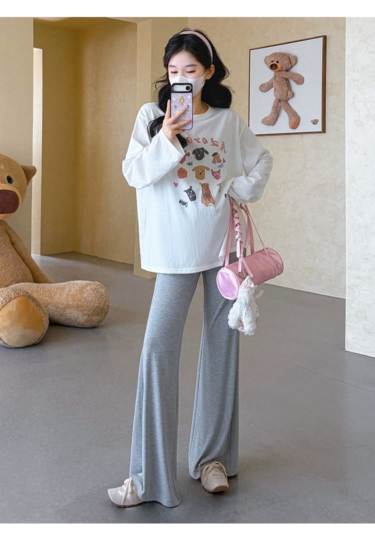 실사 지금 임산부 가을 새로운 루즈핏 대 에디션 프린트 티셔츠 얇은 스타일 태양 보호 셔츠 임산부 부츠컷 바지 세트 상세 이미지 16