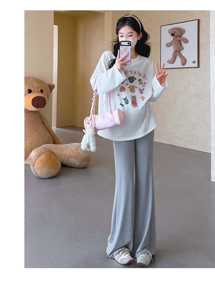 실사 지금 임산부 가을 새로운 루즈핏 대 에디션 프린트 티셔츠 얇은 스타일 태양 보호 셔츠 임산부 부츠컷 바지 세트 상세 이미지 19