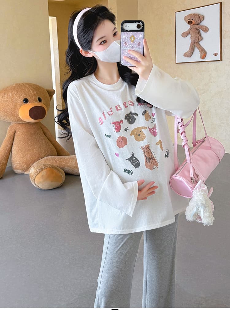 실사 지금 임산부 가을 새로운 루즈핏 대 에디션 프린트 티셔츠 얇은 스타일 태양 보호 셔츠 임산부 부츠컷 바지 세트 상세 이미지 21