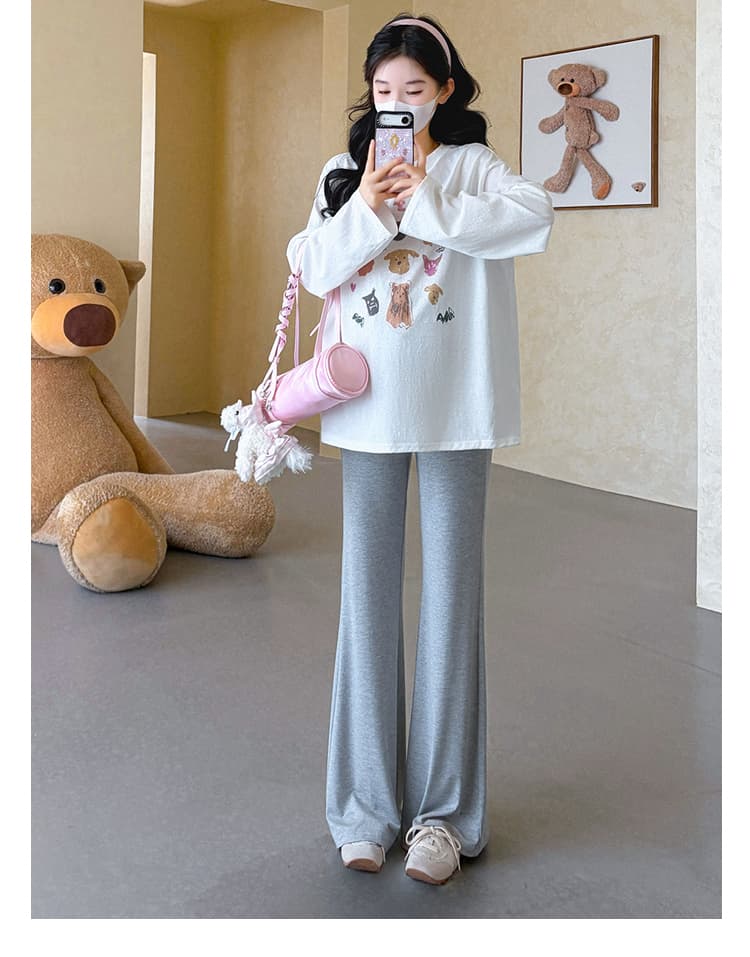 실사 지금 임산부 가을 새로운 루즈핏 대 에디션 프린트 티셔츠 얇은 스타일 태양 보호 셔츠 임산부 부츠컷 바지 세트 상세 이미지 22