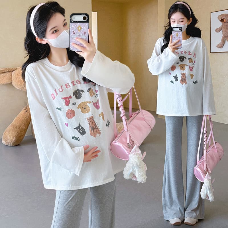 실사 지금 임산부 가을 새로운 루즈핏 대 에디션 프린트 티셔츠 얇은 스타일 태양 보호 셔츠 임산부 부츠컷 바지 세트 이미지 3