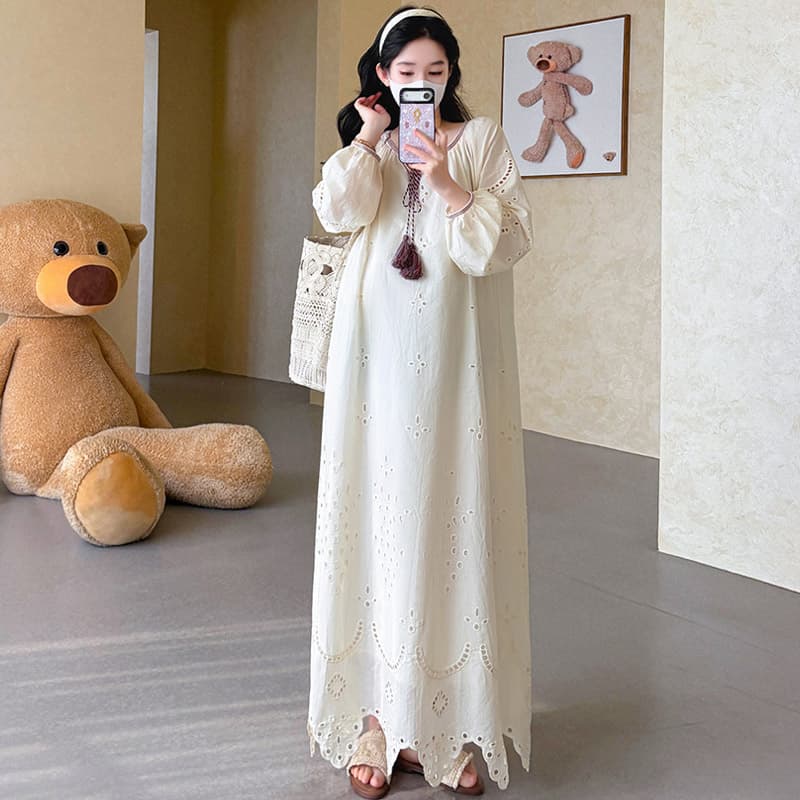 실사 지금 임산부 프랑스식 루즈핏 느긋한 홀로우 아웃 긴팔 드레스 면직물 자카드 자수 휴가 롱 스커트 이미지 4