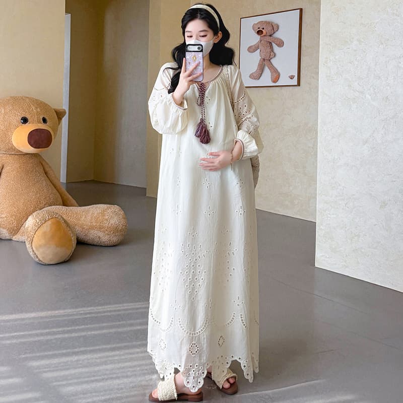 실사 지금 임산부 프랑스식 루즈핏 느긋한 홀로우 아웃 긴팔 드레스 면직물 자카드 자수 휴가 롱 스커트 이미지 5