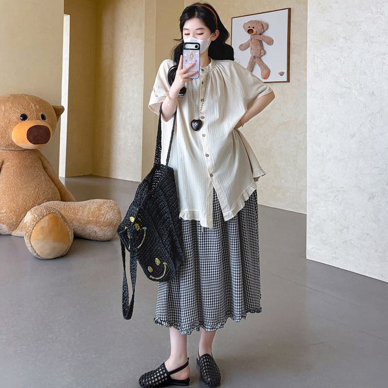 실사 지금 임산부 여름 센 부서 면 린넨 세트 셔츠 체크무늬 반신 스커트 투피스 세트 이미지 5